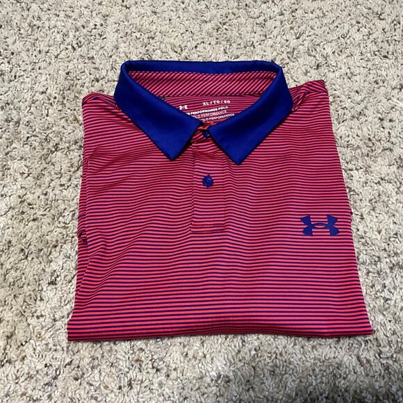 Under Armour Mens XL  TG Red & Blue Striped Polo Shirt With Moisture-Wicking - Picture 14 of 15